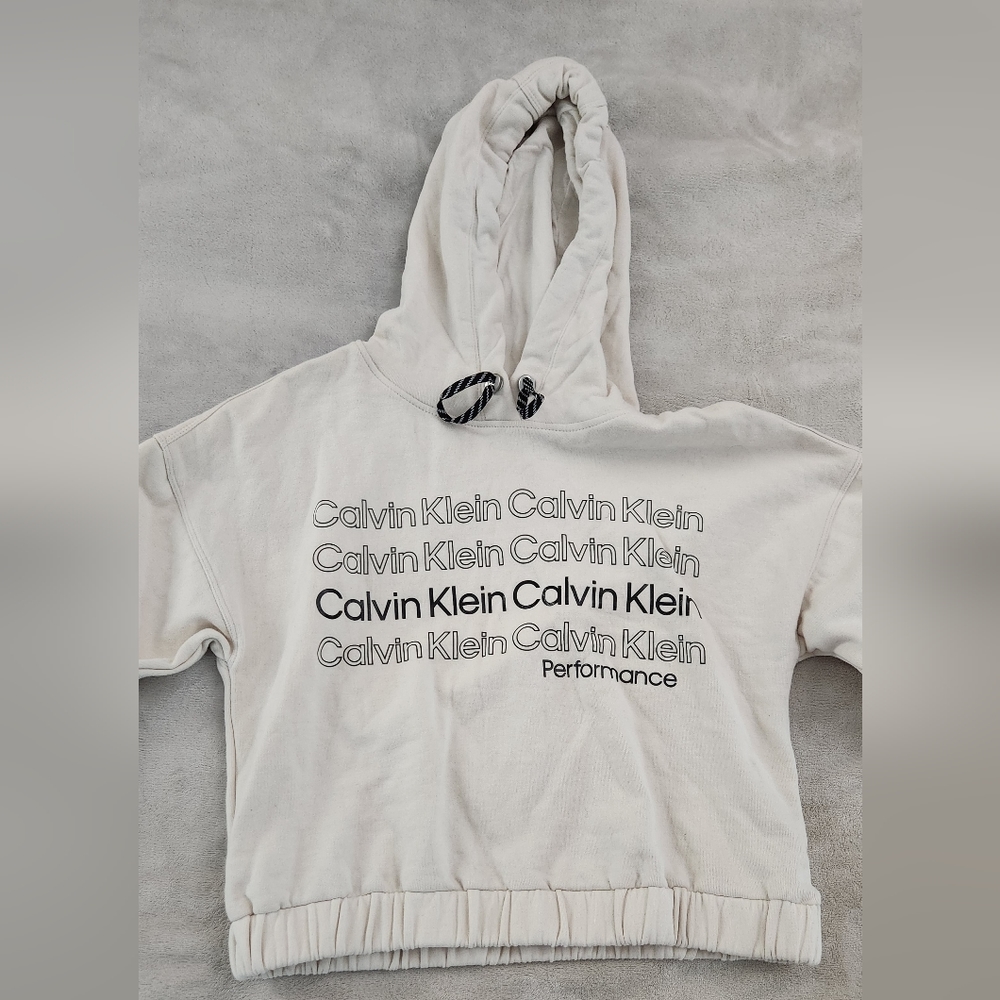 (NWT) Calvin Klein Print Women's Cropped Hoodie, White, Beige, Black, Size Small
